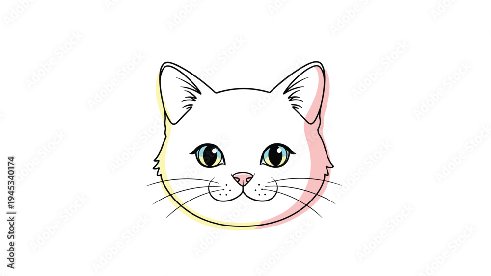 Fototapeta premium Simple and sweet illustration of a white cat head with large blue eyes and a soft colorful glow in minimalist line art.