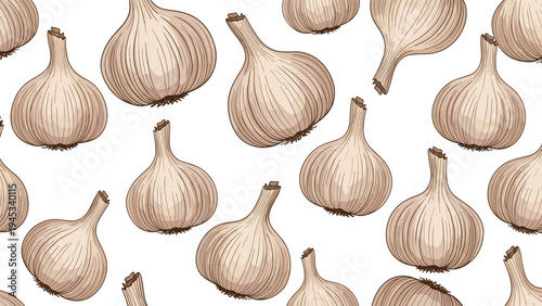 Detailed seamless pattern of whole garlic bulbs in an earthy colored drawing on a white background.