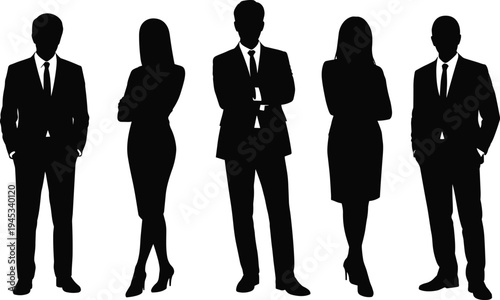 Business people silhouettes in professional corporate attire teamwork leadership diversity standing poses office illustration workplace concept design flat vector