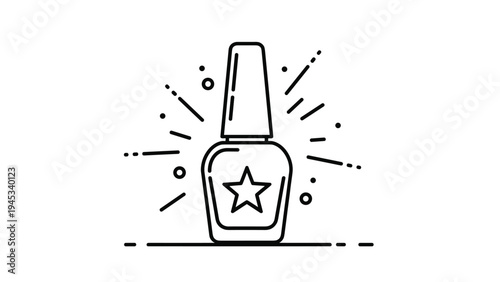 Minimalist black outline of a nail polish bottle with a star on the front surrounded by artistic dots and dashes.