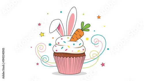 Festive Easter themed cupcake decorated with bunny ears, a small carrot, and colorful sprinkles on a white backdrop.