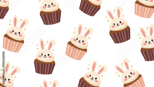 Sweet seamless pattern of bunny ear cupcakes and golden stars on a clean white background for kids parties.