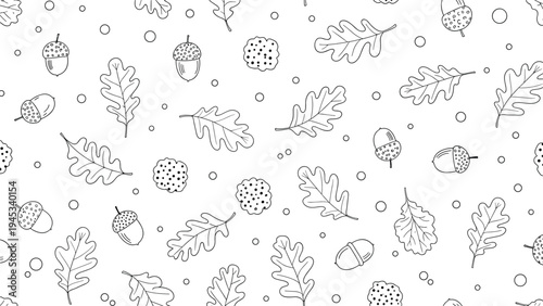 Playful black and white seamless pattern of oak leaves, acorns, and decorative dots in a sketchy style.