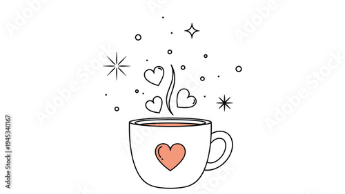 Gentle white coffee cup with a heart and rising steam carrying small hearts and stars in a clean illustration.