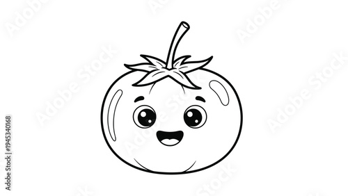 Adorable cartoon tomato character with a big happy smile and sparkling eyes in a black and white line drawing.