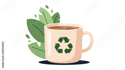 Environmentally friendly coffee cup illustration with a green recycling symbol and leaves for sustainable living.