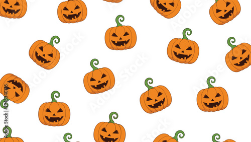 Seamless pattern of spooky orange jack-o-lantern pumpkins with different expressions for a festive halloween background.