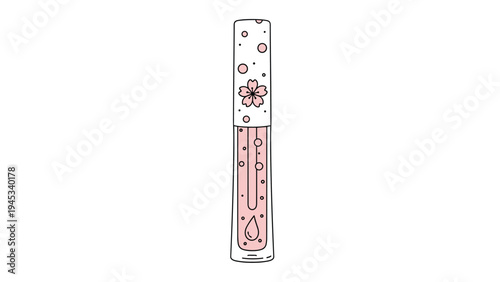 Elegant pink lip gloss tube decorated with a cherry blossom flower and floating bubbles in a stylish vector style.