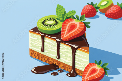 A delicious slice of gourmet chocolate cake topped with fresh cream and sweet strawberries served as a tasty dessert on a white plate