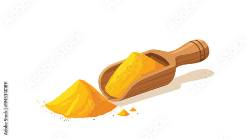 Vibrant orange turmeric powder piled high in a rustic wooden scoop beside a smaller heap representing natural spices.