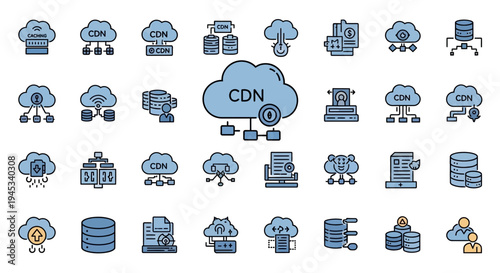Cloud computing and cdn technology icons set for digital communications