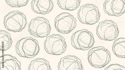 Seamless background pattern of realistic cabbage heads arranged on a light cream surface for culinary themes.