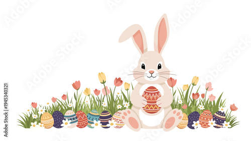 Beautiful easter bunny sitting among a field of spring flowers and decorated easter eggs in a seasonal illustration.