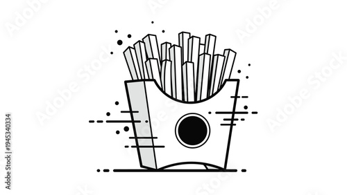 Stylized black and white illustration of french fries in a container with minimalist shading and geometric lines.