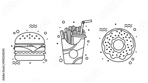 Clean line art illustration featuring a burger, a container of french fries, and a sprinkled donut in minimalist style.