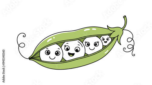 Sweet cartoon peas in a pod illustration with friendly faces and curly vines on a clean white background.
