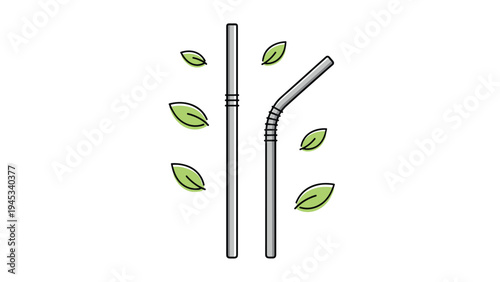 Eco friendly reusable metal straws surrounded by green leaves symbolizing a sustainable and plastic free lifestyle.