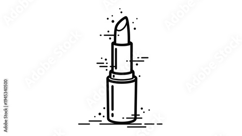 Black and white illustration of a lipstick tube with artistic dots and dashes representing glam and style.