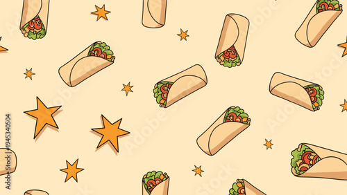 Delicious seamless pattern of burritos or wraps and orange stars on a soft yellow colored background.