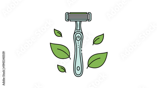 Eco friendly shaving razor surrounded by green leaves promoting a sustainable and waste free grooming routine.