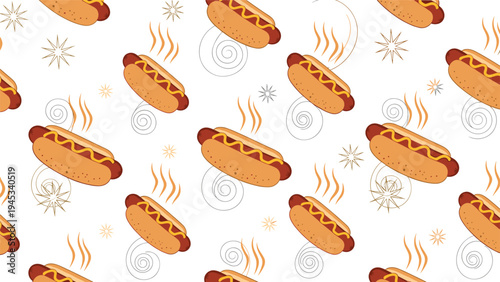 Appetizing seamless pattern of steaming hot dogs and decorative swirls on a clean white background.
