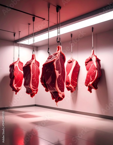 Raw Meat Cuts Hanging in a Modern Butcher Shop with Red Lighting