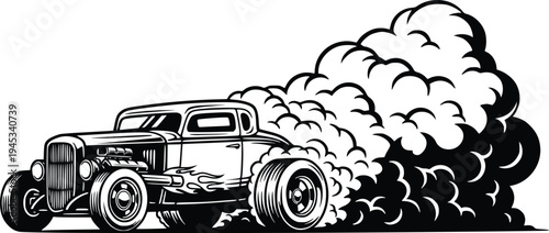 Vintage Hot Rod Burnout with Heavy Tire Smoke Hand Drawn Retro Vector Illustration