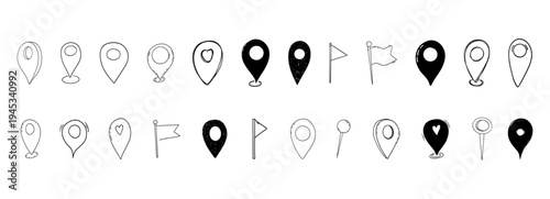 Doodle Location Pin set, pin line hand drawn for planner or map. Gps Navigation Markers pinpoints, tags, flag icons. 