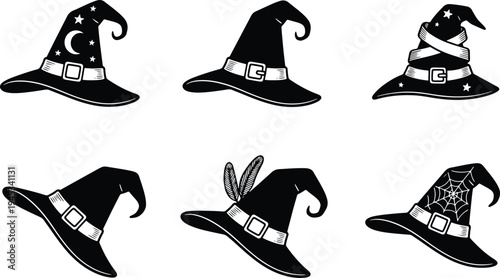 Halloween witch hat silhouette collection with magical symbols, stars and spider web decorative elements