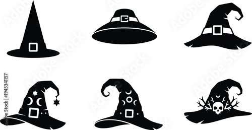 Halloween witch hat silhouette collection with spooky magic symbols isolated decorative icon set
