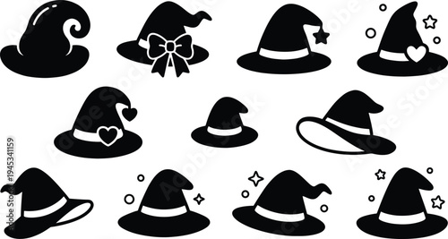 Halloween witch hat silhouette icon collection with magical decorative elements and spooky design variations