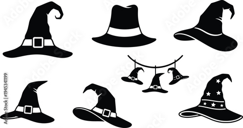 Halloween witch hat silhouette collection with spooky magic costume elements isolated icon set