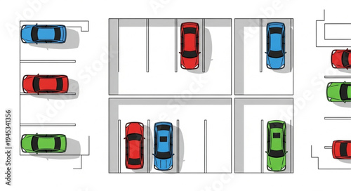 Aerial view of cars parked in a lot with different colored vehicles.