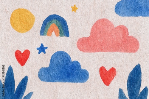 A watercolor painting of a rainbow, stars, and clouds on a white background.