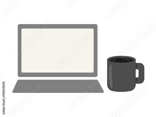 パソコンとブラックコーヒー入りのマグカップのイラスト
