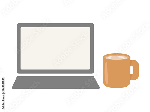 パソコンとミルクティ入りのマグカップのイラスト