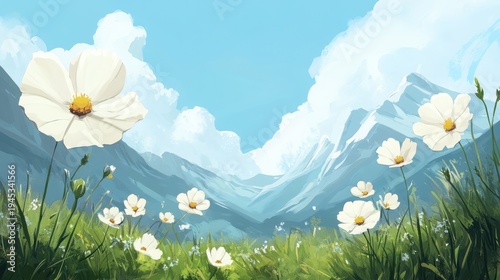 Vibrant white alpine wildflowers bloom vividly in a lush green meadow set against a backdrop of majestic, snow-dusted mountain peaks beneath a bright blue sky.