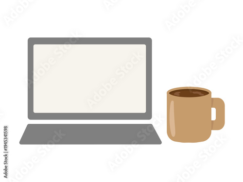 パソコンとコーヒー入りのマグカップのイラスト