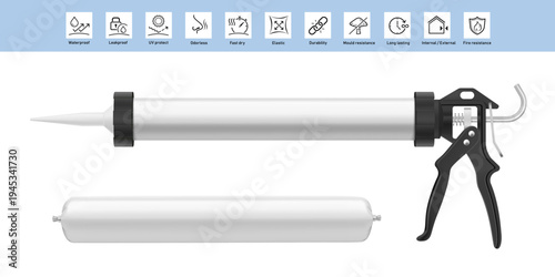 The foil pack applicator gun sealant mockup with icons set. Vector illustration isolated on white background. The outline icons are well scalable, editable. Can be use for template your design. EPS10.