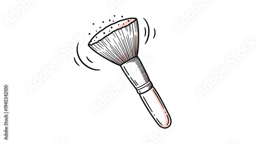Detailed sketch of a large soft makeup brush shaking off fine powder particles with motion lines on a white background.