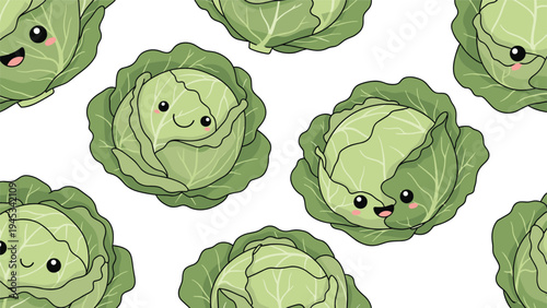Charming seamless pattern of kawaii cabbage characters with smiling faces and pink cheeks over a white background.