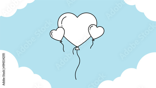 Sweet line art illustration of three heart shaped balloons floating in a clear blue sky surrounded by fluffy clouds.