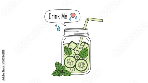 Hand drawn illustration of a refreshing glass jar filled with cucumber mint water and ice cubes with a speech bubble.