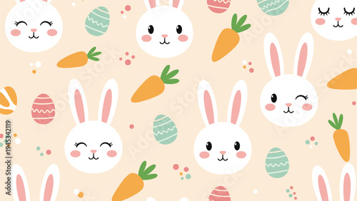 Delightful Easter pattern featuring cute white rabbit faces, colorful decorated eggs, and orange carrots on peach.