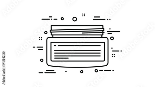 Modern black and white line art icon of a cosmetic cream jar surrounded by decorative dots and motion line elements.
