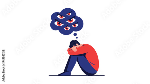 Conceptual vector illustration of a person feeling anxious and being watched by many eyes in a dark cloud above.