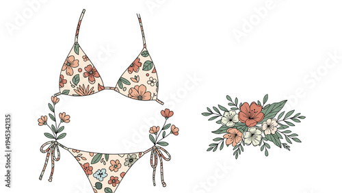 Fashionable bikini swimsuit with a vintage floral print accompanied by a separate matching bouquet of wildflowers.