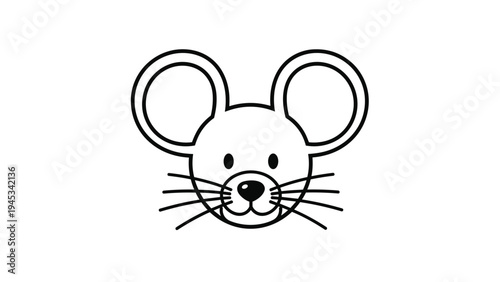 Simple and clean black outline illustration of a cute mouse face with large ears and long whiskers on white background.