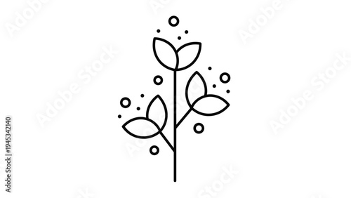 Artistic line art icon of a small leafy branch with round decorative accents in a simple black and white design.