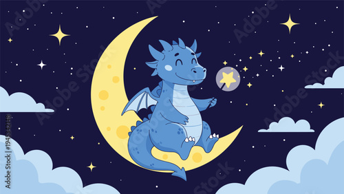 Magical illustration of a friendly blue dragon sitting on a crescent moon in a starry night sky with fluffy clouds.